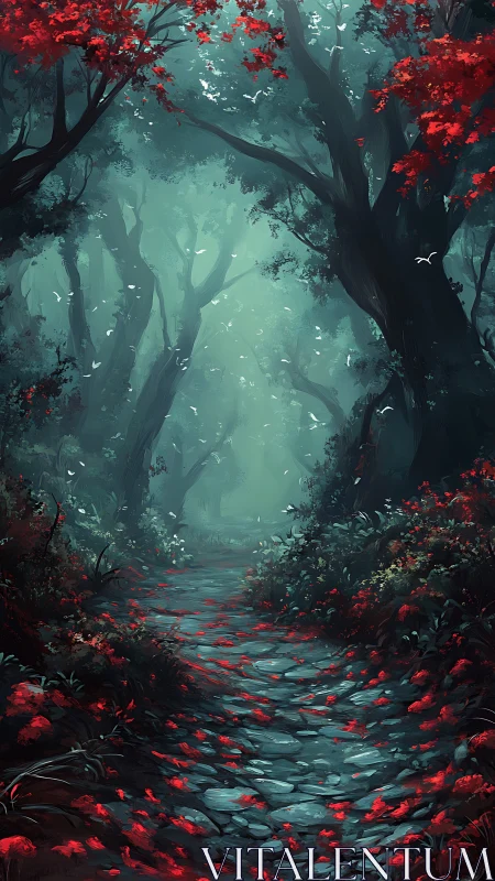 Crimson Forest Path Through Misty Woodland Landscape.