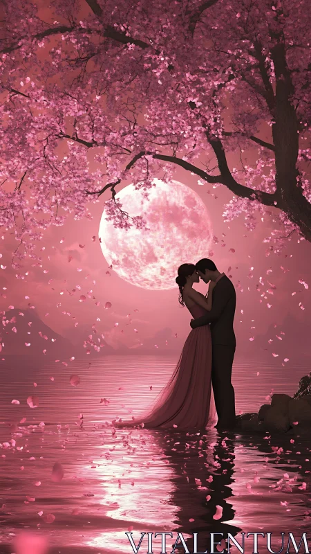 Couple at Moonlit Water's Edge Under Cherry Blossoms.