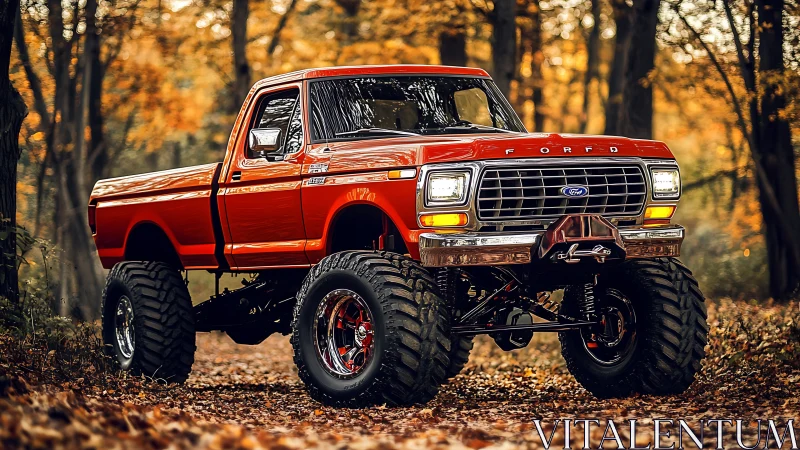 Bold lifted vintage truck glowing in warm autumn woods.