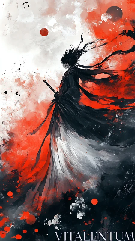 Lone samurai silhouette amid red and black swirling sky.