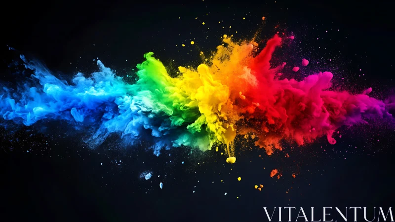 Color powder explosion forms horizontal rainbow cloud on black