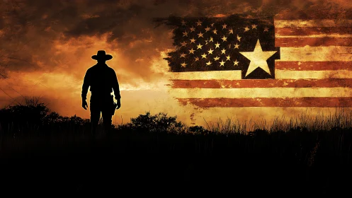 Cowboy silhouette before distressed American flag at dusk.