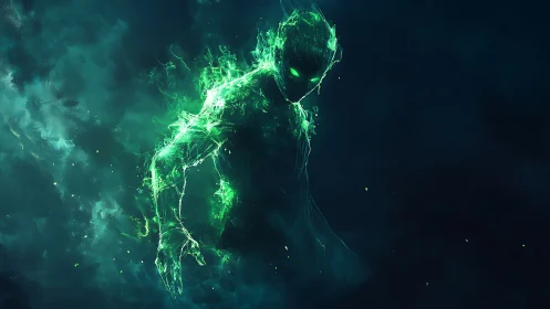 Humanoid energy figure in green plasma on dark background.