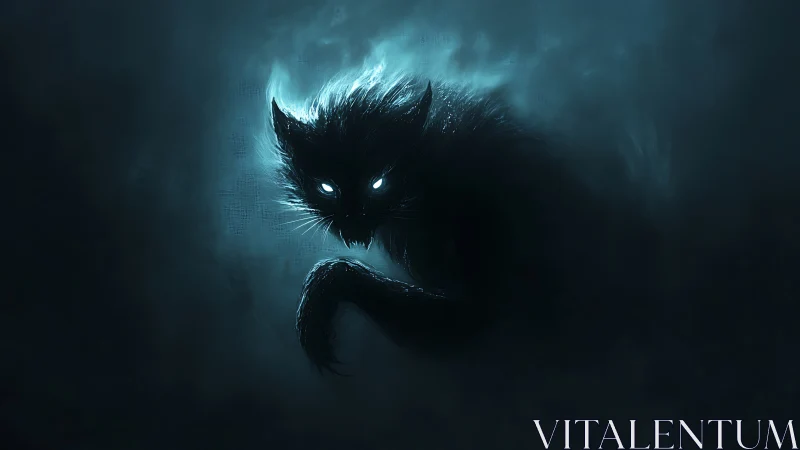 Spectral feline entity emerging from volumetric blue fog field.