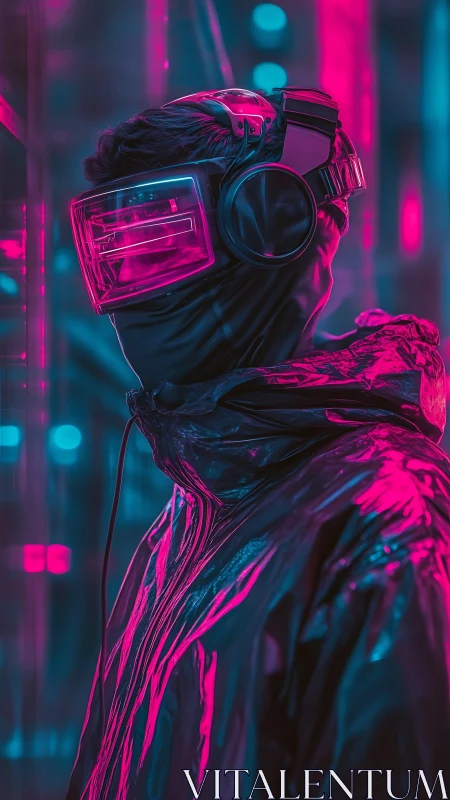 Futuristic hooded figure in neon VR visor and headset.