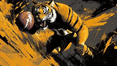 Tiger running back charging forward with roaring intensity.