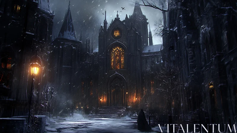 Gothic cathedral glows over snowbound street at night.