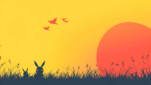 Minimalist sunset meadow silhouette with rabbits and birds.