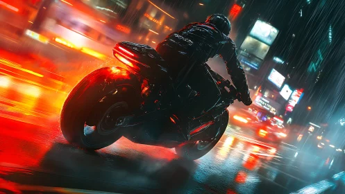 Motorcyclist speeding through neon city streets in rain.