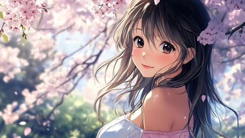 Soft spring sunlight embraces a smiling girl under blossoms