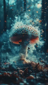 Glowing forest mushroom erupts through swirling ember mist