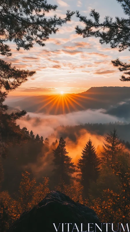 Sunrise ignites misty pine valley with radiant orange light.