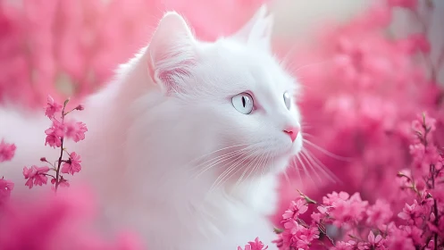 White Cat Among Pink Flowers in Soft Focus Composition.