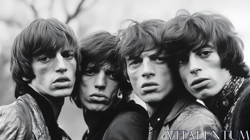 Four distorted young men in monochrome portrait study.