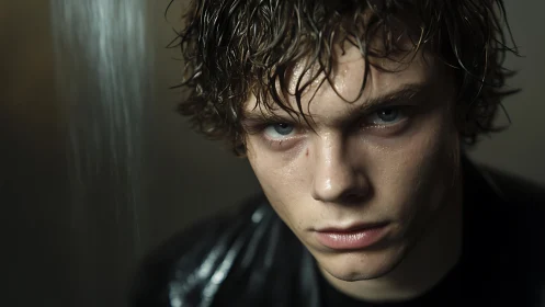 Wet-haired young man stares directly into the camera lens