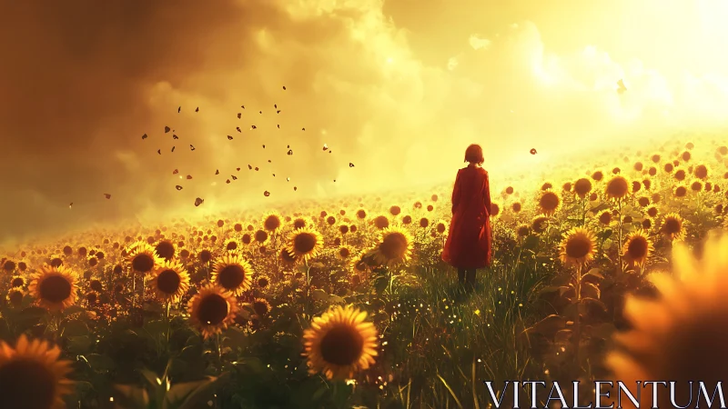 Solitary figure walks through glowing sunset sunflower field