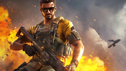 Sunset mercenary strides through firelit battlefield blaze.