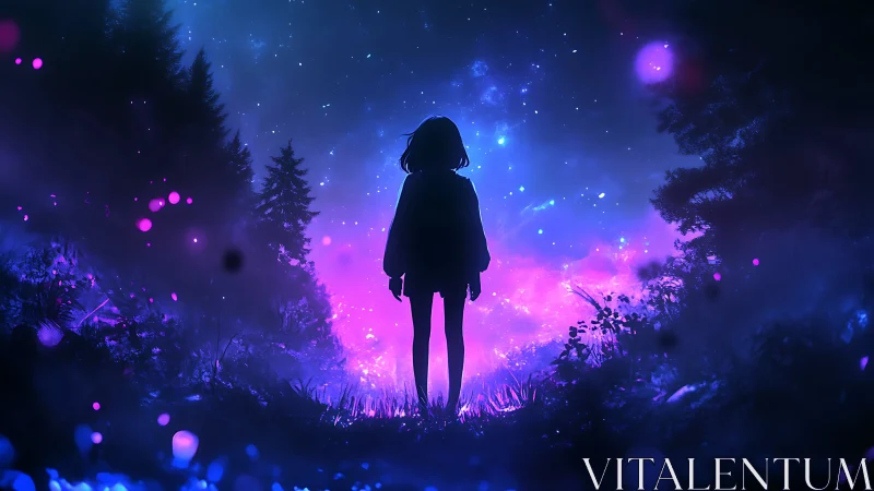 Silhouette of youth in luminous forest under star field.