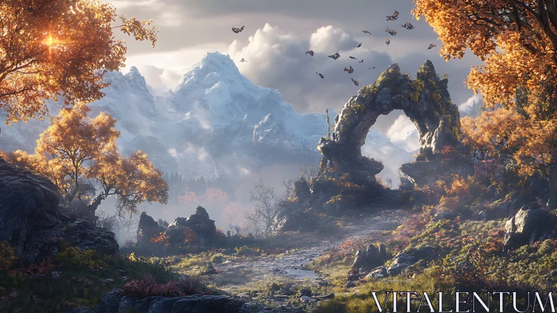 Mountain pass with stone arch and glowing autumn trees.