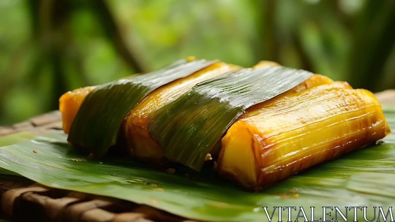 Steamed banana leaf wrapped cassava dessert on leaf platter.