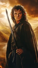 Elf warrior holds sword against mountainous sunset landscape