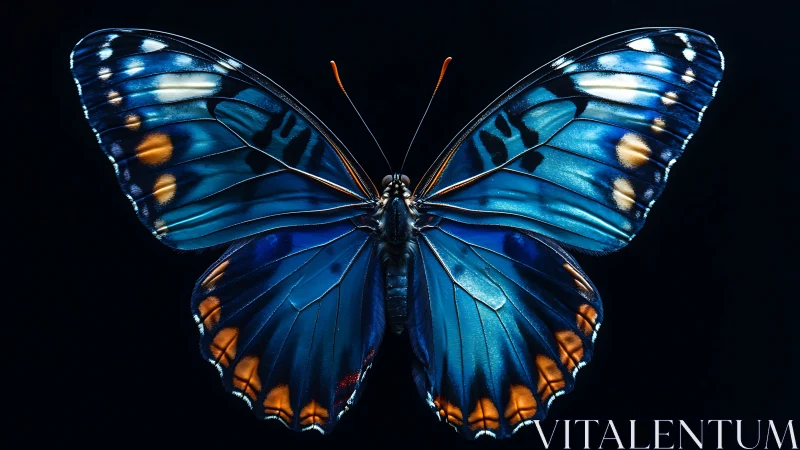 Blue butterfly wings spread on black background.