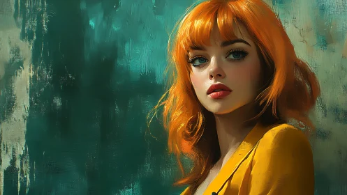 Vivid digital portrait of red haired woman in yellow jacket