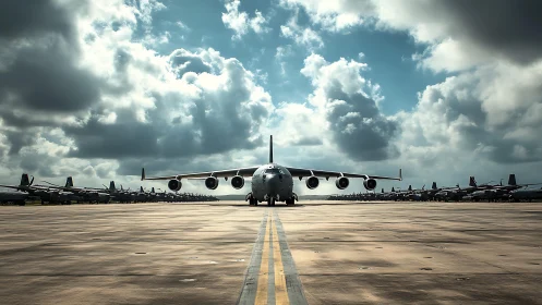 Military cargo plane on runway under dense clouded sky.