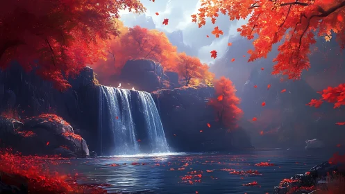 Autumn forest waterfall in rocky valley under diffuse light.