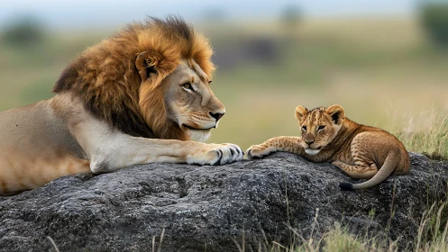Gentle lion father rests proudly beside curious little cub