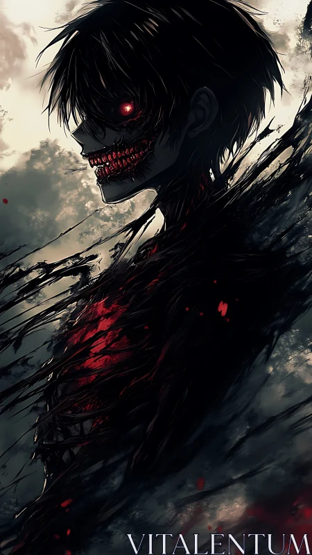 Anime horror portrait with fragmented dark anatomical structure.