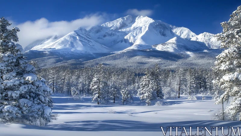 Photorealistic alpine winter panorama with snow-laden conifers.