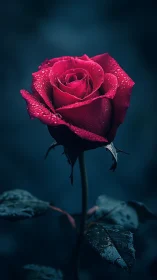 Deep crimson rose with water droplets against dark teal background