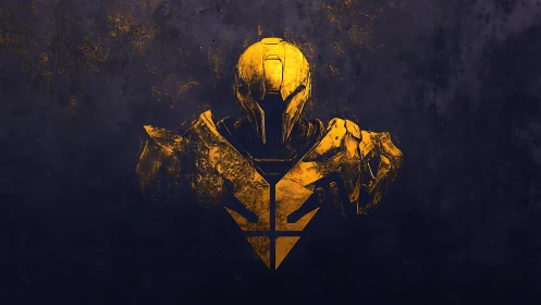 Golden sci fi combat exosuit bust on distressed dark field