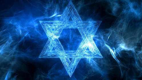 Luminous wireframe star of David in electric blue nebula.