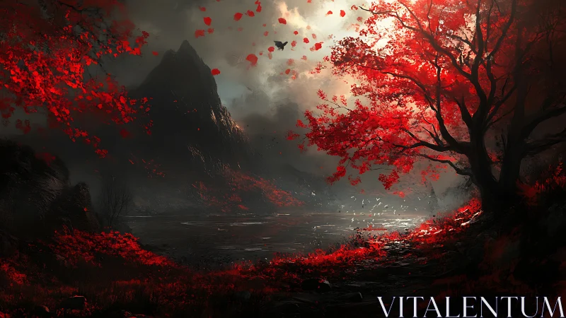 Crimson autumn trees glow beside a misty mountain lake