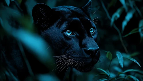 Black Panther Portrait in Darkness with Glowing Blue Eyes