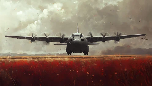 Military cargo aircraft over red field under stormy sky.