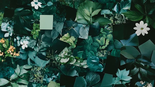 Layered botanical collage arranges tonal green foliage variations