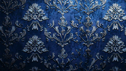 Embossed blue damask fabric shows raised floral filigree pattern