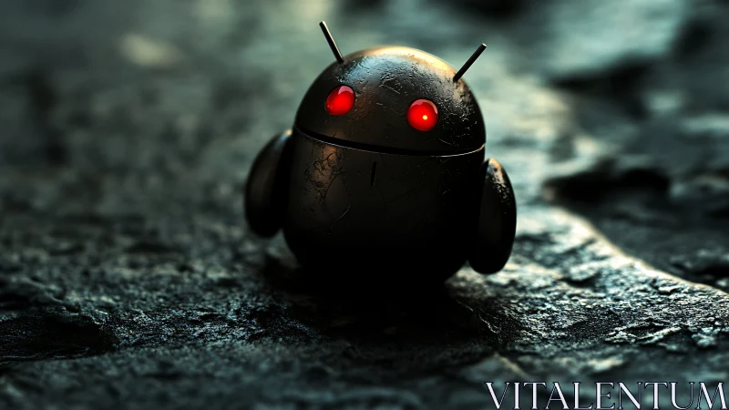 Dark metallic robot glows with ominous red eyes on rock.