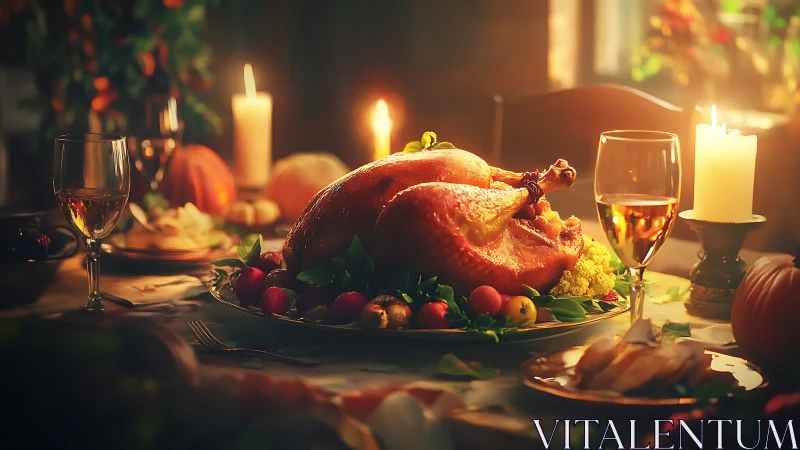 Roast whole turkey on decorated table with candles and wine.