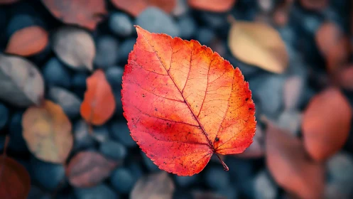 Single autumn leaf glows warmly against soft stone shadows