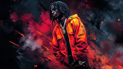 Hooded figure in orange jacket stands amid red smoke and sparks