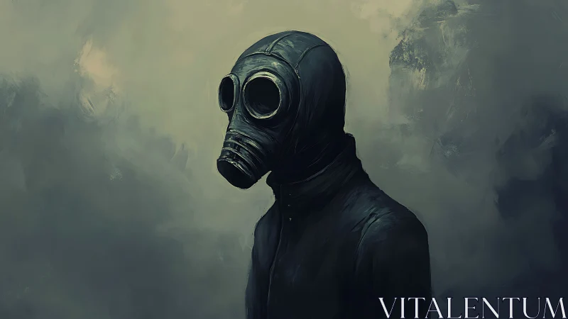 Solitary figure in gas mask within muted toxic haze.