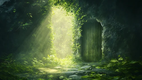 Sunlit forest cave entrance with closed wooden door.