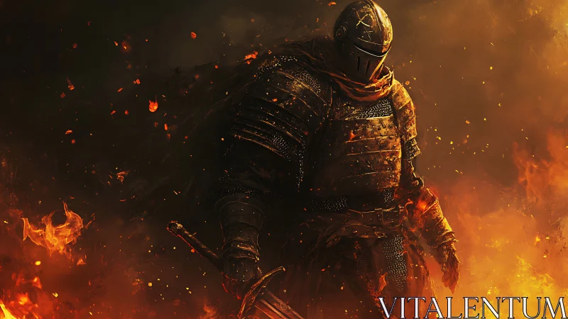 Armored knight advances through inferno with cinematic lighting