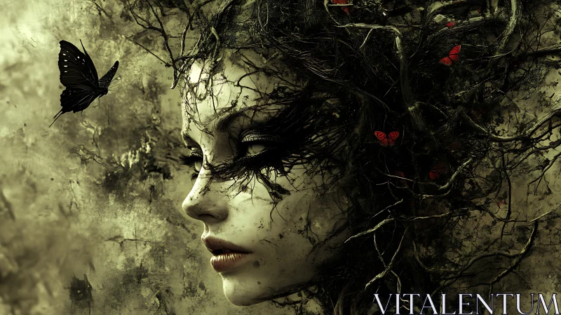 Surreal female profile entwined with dark roots and butterflies.
