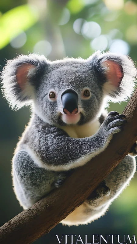 Playful koala perched on a branch in soft forest light.