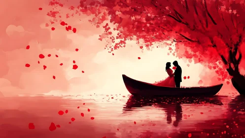 Silhouetted couple positioned in boat with falling petals and tree structure